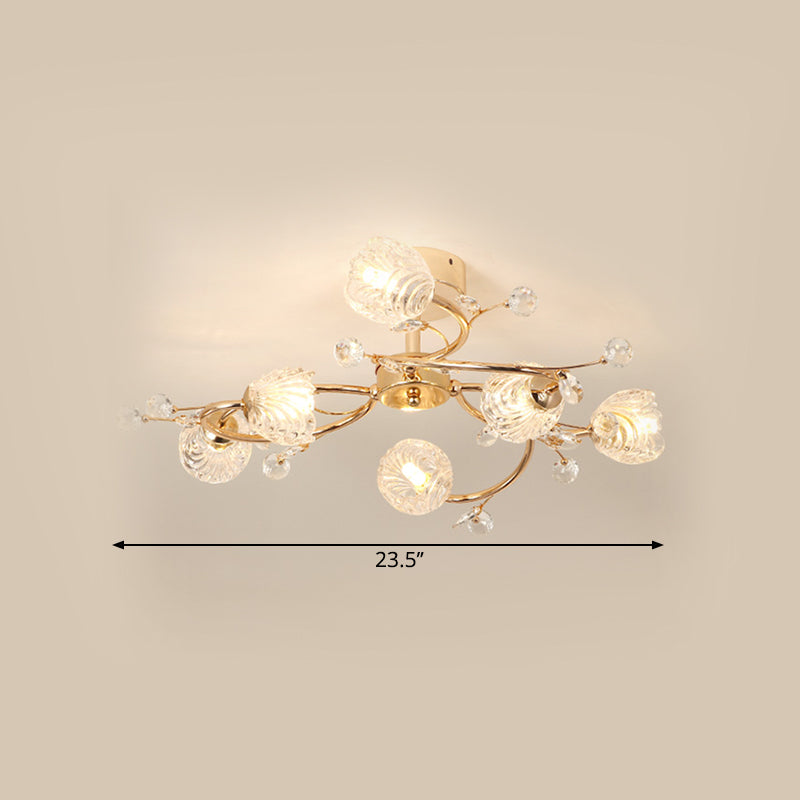 6-Head Bedroom Semi Flush Light Fixture Minimalism Gold Ceiling Lighting with Bloom Clear Crystal Shade Clearhalo 'Ceiling Lights' 'Close To Ceiling Lights' 'Close to ceiling' 'Semi-flushmount' Lighting' 1651285