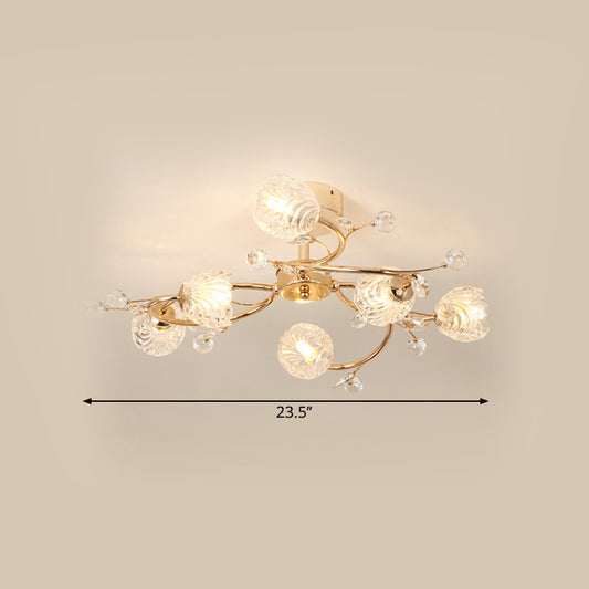 6-Head Bedroom Semi Flush Light Fixture Minimalism Gold Ceiling Lighting with Bloom Clear Crystal Shade Clearhalo 'Ceiling Lights' 'Close To Ceiling Lights' 'Close to ceiling' 'Semi-flushmount' Lighting' 1651285