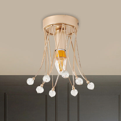 Brass Crown Semi Flush Mount Minimalist 1/3-Light Metal Ceiling Lighting with Crystal Orbs Design 1 Brass Clearhalo 'Ceiling Lights' 'Close To Ceiling Lights' 'Close to ceiling' 'Semi-flushmount' Lighting' 1651286