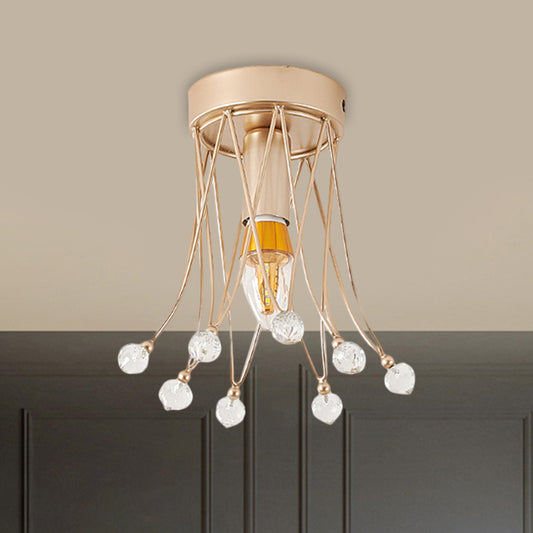 Brass Crown Semi Flush Mount Minimalist 1/3-Light Metal Ceiling Lighting with Crystal Orbs Design 1 Brass Clearhalo 'Ceiling Lights' 'Close To Ceiling Lights' 'Close to ceiling' 'Semi-flushmount' Lighting' 1651286
