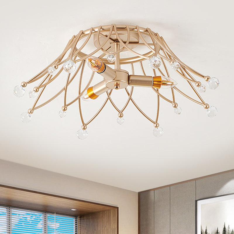 Brass Crown Semi Flush Mount Minimalist 1/3-Light Metal Ceiling Lighting with Crystal Orbs Design