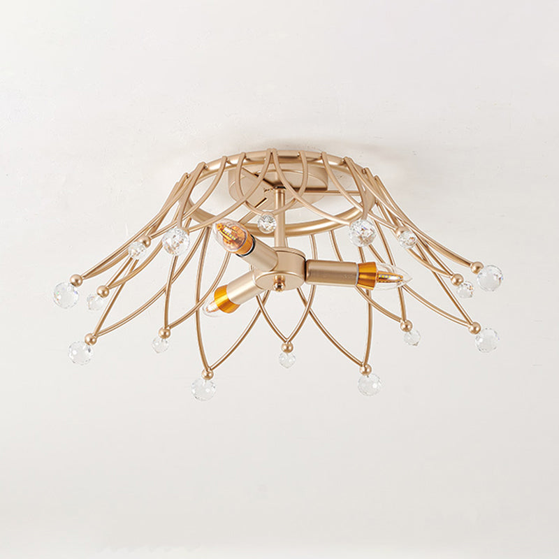 Brass Crown Semi Flush Mount Minimalist 1/3-Light Metal Ceiling Lighting with Crystal Orbs Design