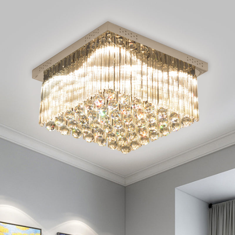 Square LED Close to Ceiling Lamp Simplicity Crystal Rod and Ball Great Room Flush Lamp in Chrome, Warm/White Light Chrome Clearhalo 'Ceiling Lights' 'Close To Ceiling Lights' 'Close to ceiling' 'Flush mount' Lighting' 1651313