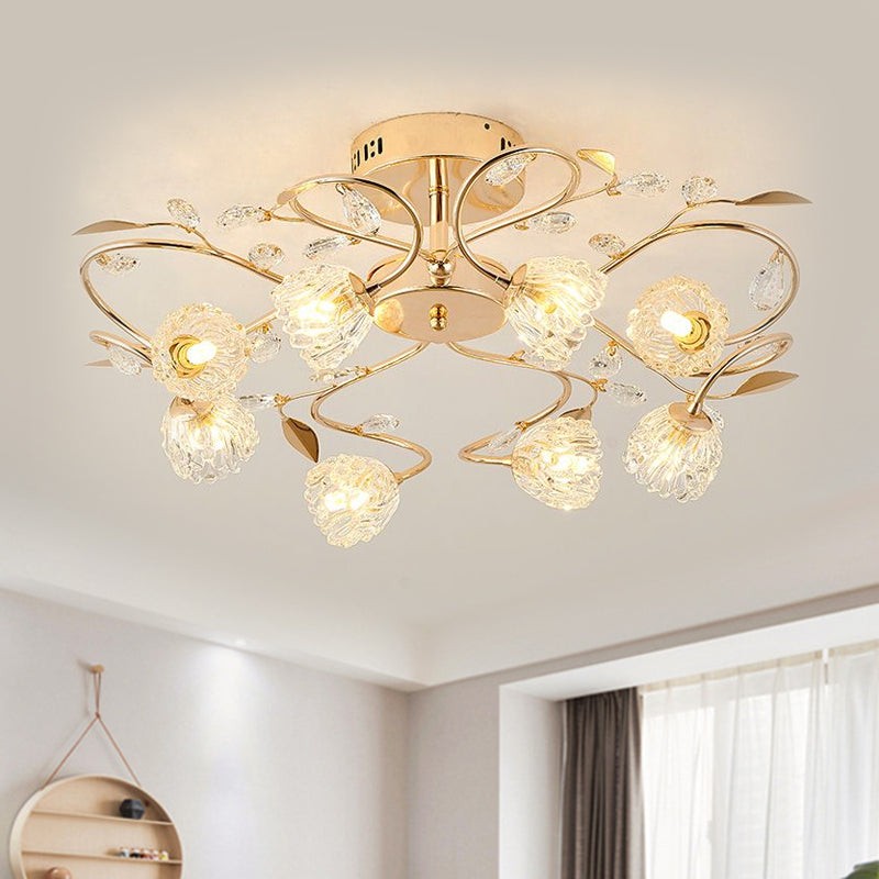 Prismatic Crystal Floral Ceiling Light Contemporary 8 Bulbs Semi Flush Mount with Metal Leaf Design in Gold - Gold - Clearhalo - 'Ceiling Lights' - 'Close To Ceiling Lights' - 'Close to ceiling' - 'Semi-flushmount' - Lighting' - 1651321