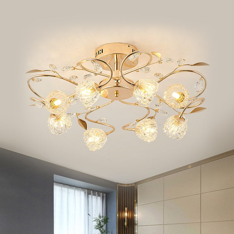 Prismatic Crystal Floral Ceiling Light Contemporary 8 Bulbs Semi Flush Mount with Metal Leaf Design in Gold - Clearhalo - 'Ceiling Lights' - 'Close To Ceiling Lights' - 'Close to ceiling' - 'Semi-flushmount' - Lighting' - 1651322