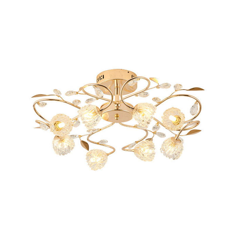 Prismatic Crystal Floral Ceiling Light Contemporary 8 Bulbs Semi Flush Mount with Metal Leaf Design in Gold - Clearhalo - 'Ceiling Lights' - 'Close To Ceiling Lights' - 'Close to ceiling' - 'Semi-flushmount' - Lighting' - 1651323