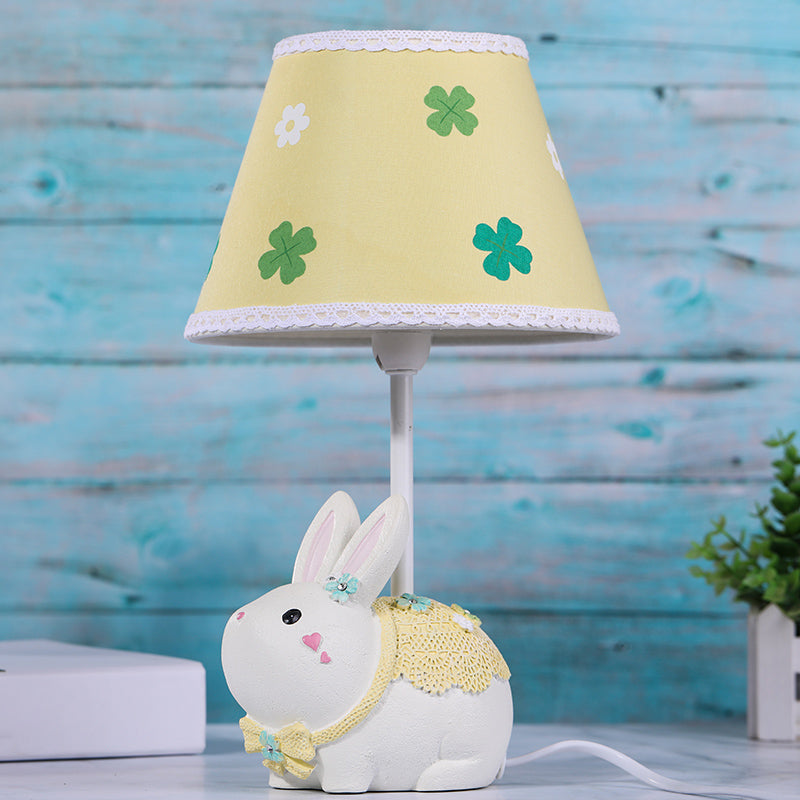 Conical Fabric Study Lamp Cartoon 1-Light Yellow Table Light with Clover Pattern and Rabbit Base Clearhalo 'Lamps' 'Table Lamps' Lighting' 1651334