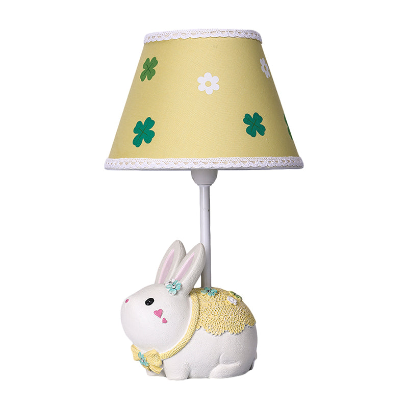 Conical Fabric Study Lamp Cartoon 1-Light Yellow Table Light with Clover Pattern and Rabbit Base Clearhalo 'Lamps' 'Table Lamps' Lighting' 1651335