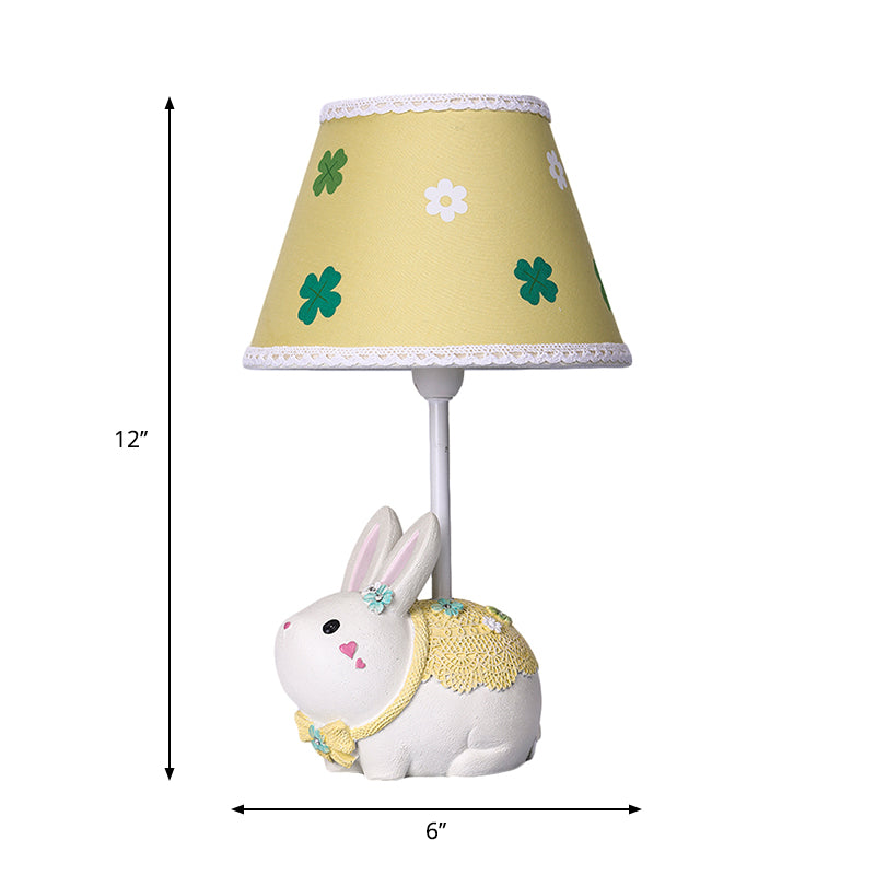 Conical Fabric Study Lamp Cartoon 1-Light Yellow Table Light with Clover Pattern and Rabbit Base Clearhalo 'Lamps' 'Table Lamps' Lighting' 1651336