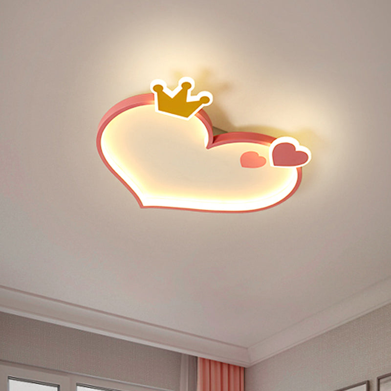 Metallic Loving Heart Flush Ceiling Light Cartoon LED Pink Flush Mount with Crown Decor - Clearhalo - 'Ceiling Lights' - 'Close To Ceiling Lights' - 'Close to ceiling' - 'Flush mount' - Lighting' - 1651338