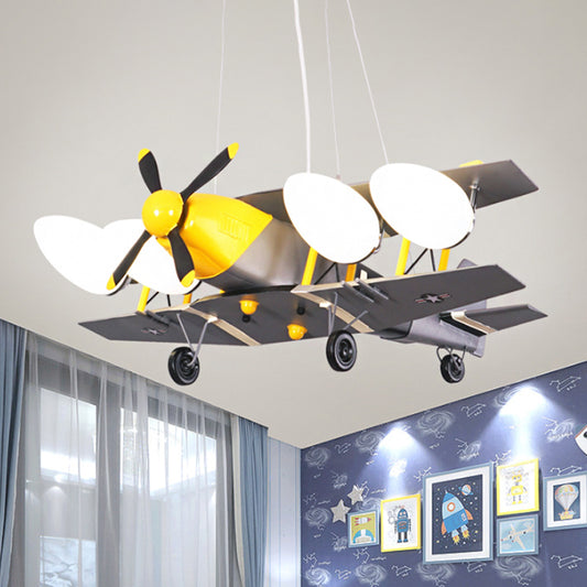 Airplane Boys Room Hanging Light Metal 4-Head Kids Chandelier Lamp with Milk Glass Shade in Black-Yellow Clearhalo 'Ceiling Lights' 'Chandeliers' Lighting' options 1651341