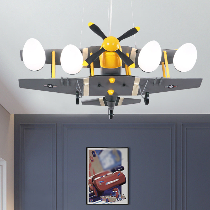 Airplane Boys Room Hanging Light Metal 4-Head Kids Chandelier Lamp with Milk Glass Shade in Black-Yellow Clearhalo 'Ceiling Lights' 'Chandeliers' Lighting' options 1651342