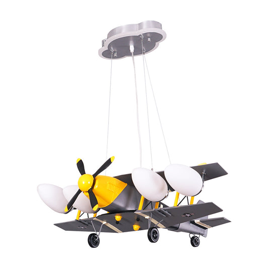 Airplane Boys Room Hanging Light Metal 4-Head Kids Chandelier Lamp with Milk Glass Shade in Black-Yellow Clearhalo 'Ceiling Lights' 'Chandeliers' Lighting' options 1651343