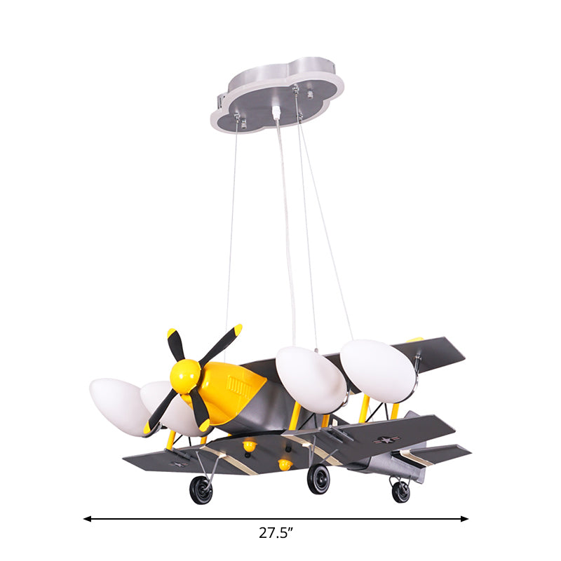 Airplane Boys Room Hanging Light Metal 4-Head Kids Chandelier Lamp with Milk Glass Shade in Black-Yellow Clearhalo 'Ceiling Lights' 'Chandeliers' Lighting' options 1651344