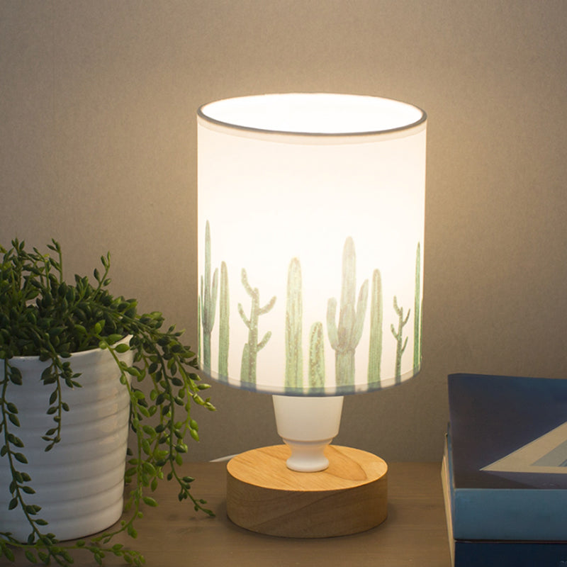 Fabric Cylinder Desk Light Modern 1-Bulb Reading Lamp with Tree/Fish/Cactus Deco and Wooden Base in White White Cactus Clearhalo 'Lamps' 'Table Lamps' Lighting' 1651349
