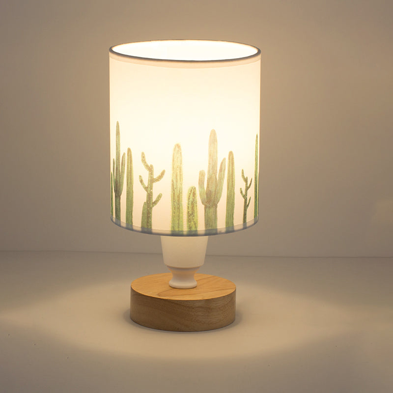 Fabric Cylinder Desk Light Modern 1-Bulb Reading Lamp with Tree/Fish/Cactus Deco and Wooden Base in White Clearhalo 'Lamps' 'Table Lamps' Lighting' 1651350