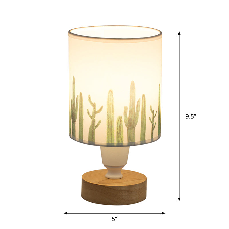 Fabric Cylinder Desk Light Modern 1-Bulb Reading Lamp with Tree/Fish/Cactus Deco and Wooden Base in White Clearhalo 'Lamps' 'Table Lamps' Lighting' 1651352