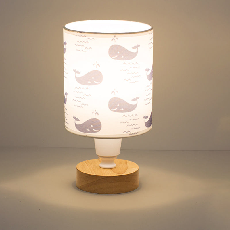 Fabric Cylinder Desk Light Modern 1-Bulb Reading Lamp with Tree/Fish/Cactus Deco and Wooden Base in White Clearhalo 'Lamps' 'Table Lamps' Lighting' 1651355