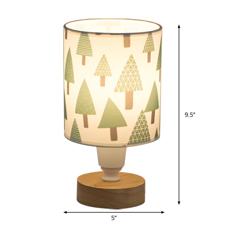 Fabric Cylinder Desk Light Modern 1-Bulb Reading Lamp with Tree/Fish/Cactus Deco and Wooden Base in White Clearhalo 'Lamps' 'Table Lamps' Lighting' 1651362