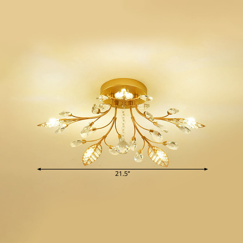 Gold Branch Ceiling Fixture Modernist 5/8 Bulbs Faceted Crystal Semi Flush Mount Lighting