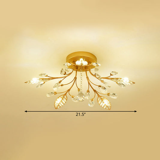 Gold Branch Ceiling Fixture Modernist 5/8 Bulbs Faceted Crystal Semi Flush Mount Lighting Clearhalo 'Ceiling Lights' 'Close To Ceiling Lights' 'Close to ceiling' 'Semi-flushmount' Lighting' 1651374