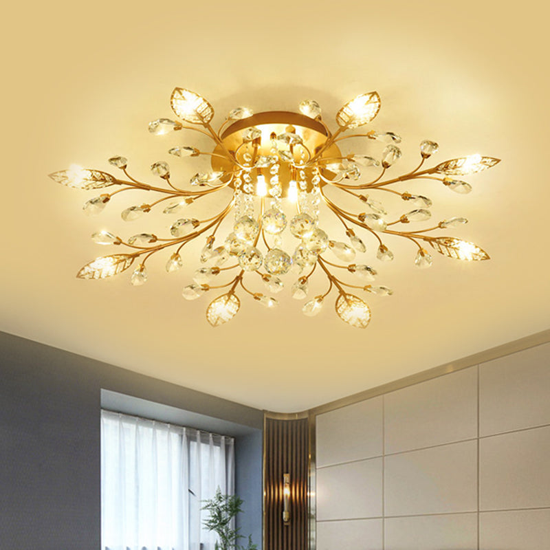 Gold Branch Ceiling Fixture Modernist 5/8 Bulbs Faceted Crystal Semi Flush Mount Lighting
