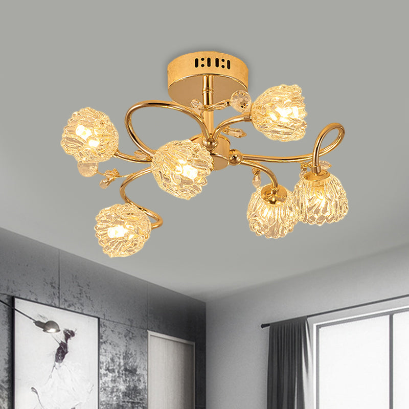 Contemporary 6 Heads Ceiling Lighting Gold Flower Semi-Flush Mount with Cut Crystal Shade
