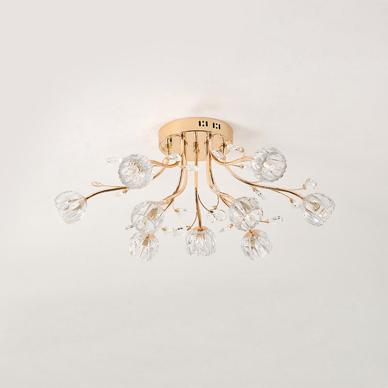 Spray Semi Flush Mount Lighting Simplicity Cut Crystal 9-Light Sleeping Room Ceiling Fixture in Gold Clearhalo 'Ceiling Lights' 'Close To Ceiling Lights' 'Close to ceiling' 'Semi-flushmount' Lighting' 1651409