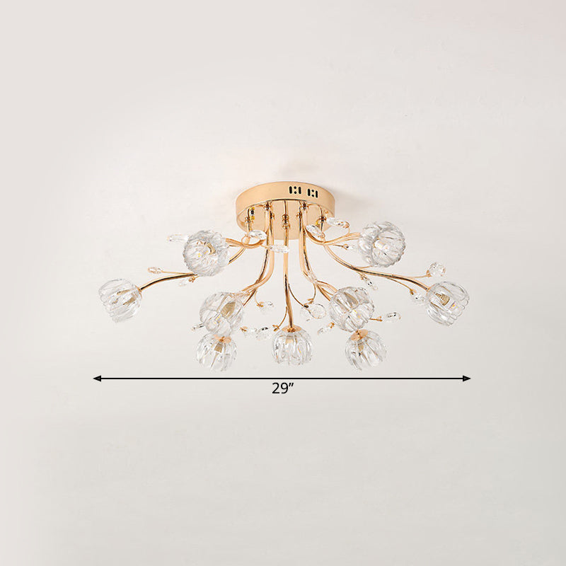 Spray Semi Flush Mount Lighting Simplicity Cut Crystal 9-Light Sleeping Room Ceiling Fixture in Gold Clearhalo 'Ceiling Lights' 'Close To Ceiling Lights' 'Close to ceiling' 'Semi-flushmount' Lighting' 1651410