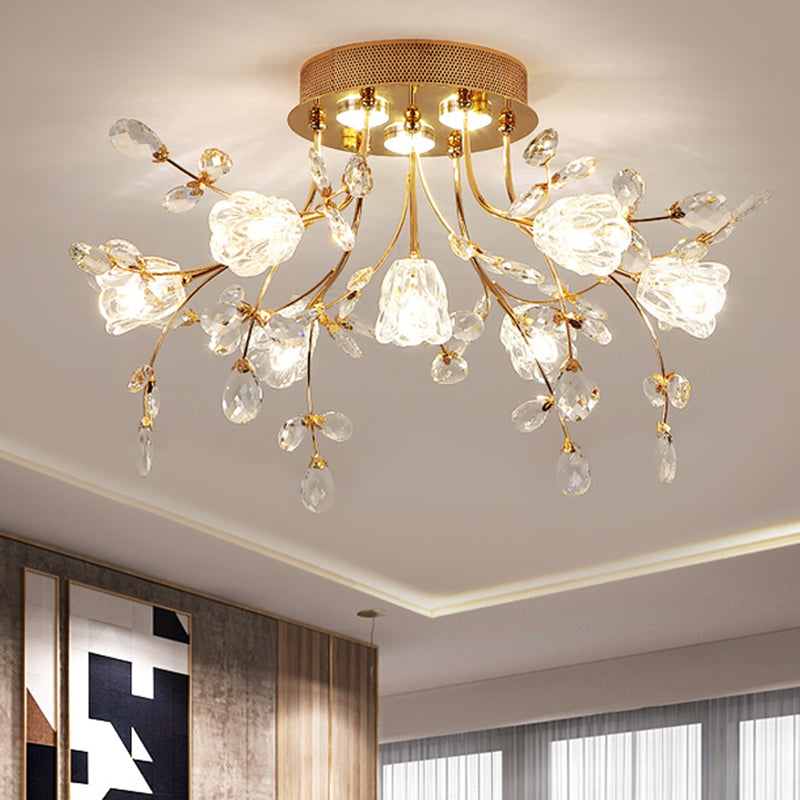 Blossom Great Room Semi Flush Mount Faceted Crystal 7 Heads Modernist Close to Ceiling Lighting in Gold Clearhalo 'Ceiling Lights' 'Close To Ceiling Lights' 'Close to ceiling' 'Semi-flushmount' Lighting' 1651412