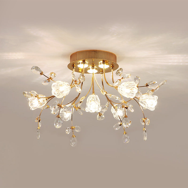 Blossom Great Room Semi Flush Mount Faceted Crystal 7 Heads Modernist Close to Ceiling Lighting in Gold Clearhalo 'Ceiling Lights' 'Close To Ceiling Lights' 'Close to ceiling' 'Semi-flushmount' Lighting' 1651413