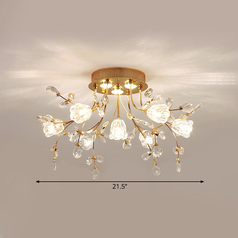 Blossom Great Room Semi Flush Mount Faceted Crystal 7 Heads Modernist Close to Ceiling Lighting in Gold Clearhalo 'Ceiling Lights' 'Close To Ceiling Lights' 'Close to ceiling' 'Semi-flushmount' Lighting' 1651414