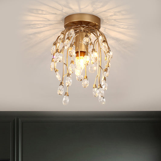 Modern Corolla Close to Ceiling Lamp Faceted Crystal 1 Light Corridor Semi Flush Mount Lighting in Brass Brass Clearhalo 'Ceiling Lights' 'Close To Ceiling Lights' 'Close to ceiling' 'Semi-flushmount' Lighting' 1651415