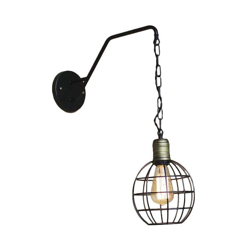 Black Triangle/Globe Cage Sconce Light Fixture Industrial Style Metal 1 Light Coffee Shop Wall Mount Light Clearhalo 'Art deco wall lights' 'Cast Iron' 'Glass' 'Industrial wall lights' 'Industrial' 'Middle century wall lights' 'Modern' 'Rustic wall lights' 'Tiffany' 'Traditional wall lights' 'Wall Lamps & Sconces' 'Wall Lights' Lighting' 165143