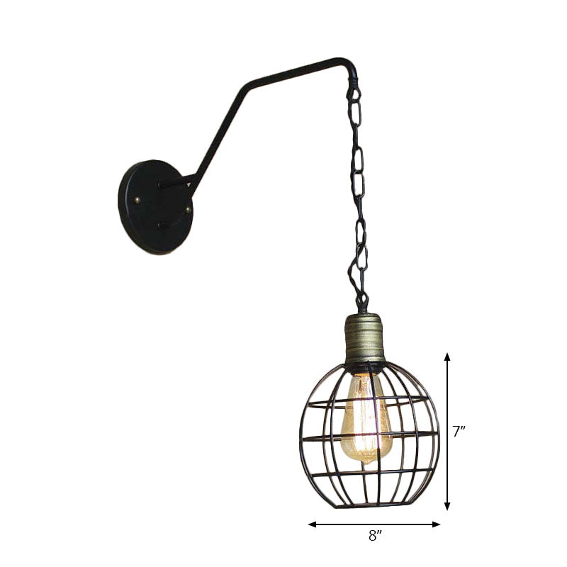 Black Triangle/Globe Cage Sconce Light Fixture Industrial Style Metal 1 Light Coffee Shop Wall Mount Light Clearhalo 'Art deco wall lights' 'Cast Iron' 'Glass' 'Industrial wall lights' 'Industrial' 'Middle century wall lights' 'Modern' 'Rustic wall lights' 'Tiffany' 'Traditional wall lights' 'Wall Lamps & Sconces' 'Wall Lights' Lighting' 165144
