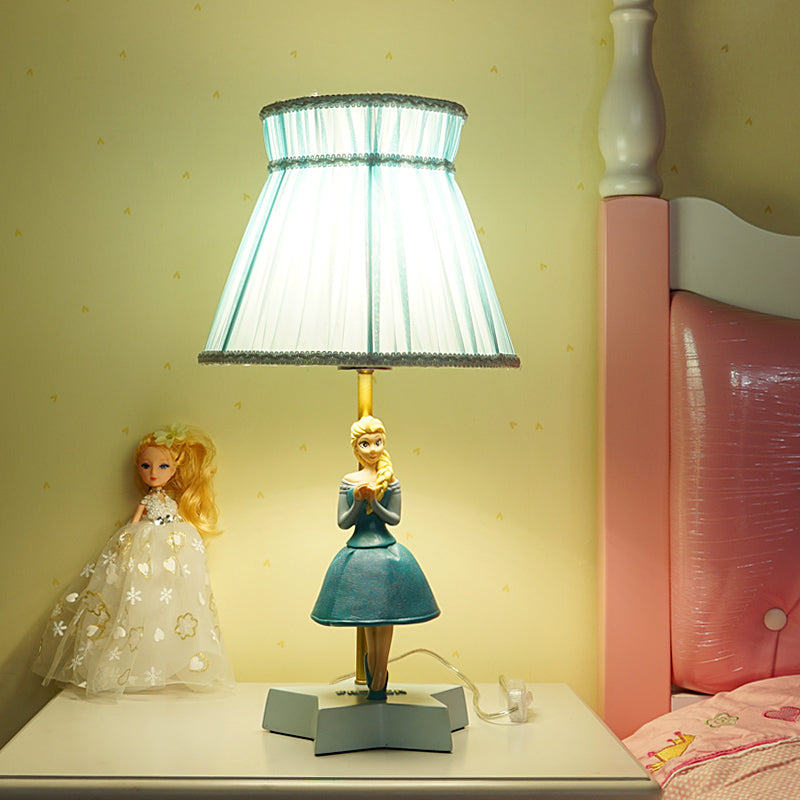 Blue Barrel Table Light Cartoon 1 Light Fabric Reading Lamp with Girl Decoration for Kids Room Blue Clearhalo 'Lamps' 'Table Lamps' Lighting' 1651526