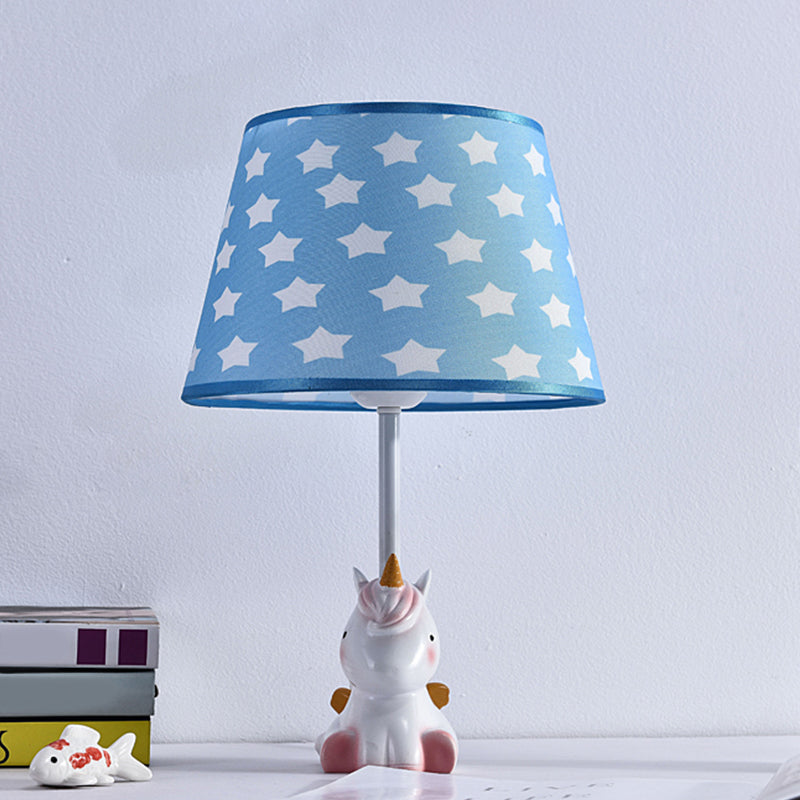 Fabric Cone Reading Lamp Cartoon 1 Light White/Pink/Blue Table Light with Rainbow Unicorn Base Blue Clearhalo 'Lamps' 'Table Lamps' Lighting' 1651542