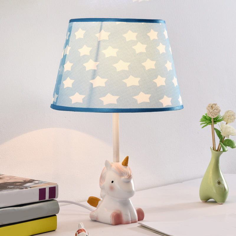 Fabric Cone Reading Lamp Cartoon 1 Light White/Pink/Blue Table Light with Rainbow Unicorn Base Clearhalo 'Lamps' 'Table Lamps' Lighting' 1651543