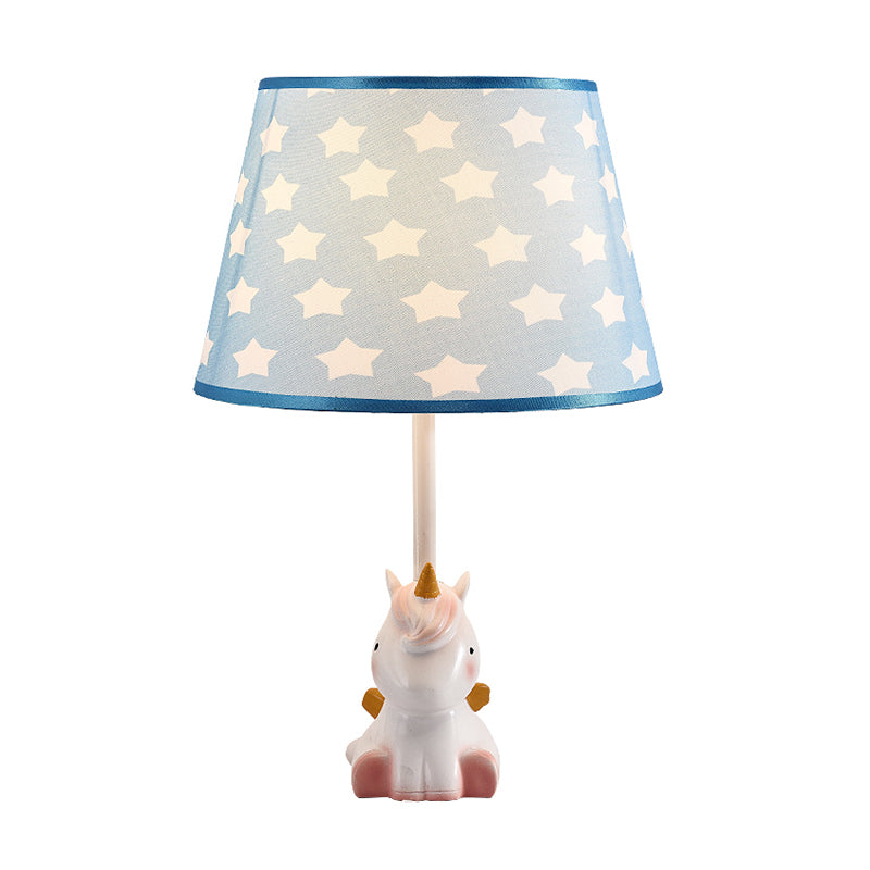 Fabric Cone Reading Lamp Cartoon 1 Light White/Pink/Blue Table Light with Rainbow Unicorn Base Clearhalo 'Lamps' 'Table Lamps' Lighting' 1651544