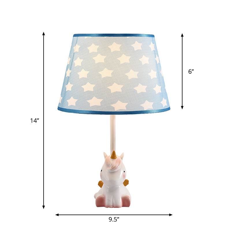 Fabric Cone Reading Lamp Cartoon 1 Light White/Pink/Blue Table Light with Rainbow Unicorn Base Clearhalo 'Lamps' 'Table Lamps' Lighting' 1651545