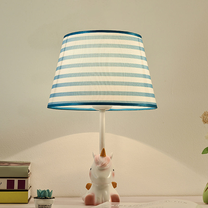Fabric Cone Reading Lamp Cartoon 1 Light White/Pink/Blue Table Light with Rainbow Unicorn Base Blue-White Clearhalo 'Lamps' 'Table Lamps' Lighting' 1651546