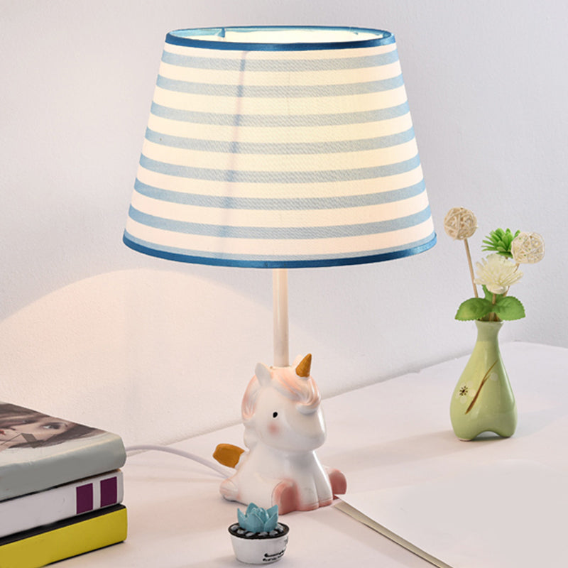 Fabric Cone Reading Lamp Cartoon 1 Light White/Pink/Blue Table Light with Rainbow Unicorn Base Clearhalo 'Lamps' 'Table Lamps' Lighting' 1651547