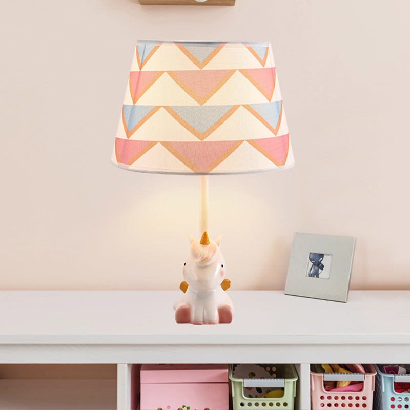 Fabric Cone Reading Lamp Cartoon 1 Light White/Pink/Blue Table Light with Rainbow Unicorn Base Clearhalo 'Lamps' 'Table Lamps' Lighting' 1651552