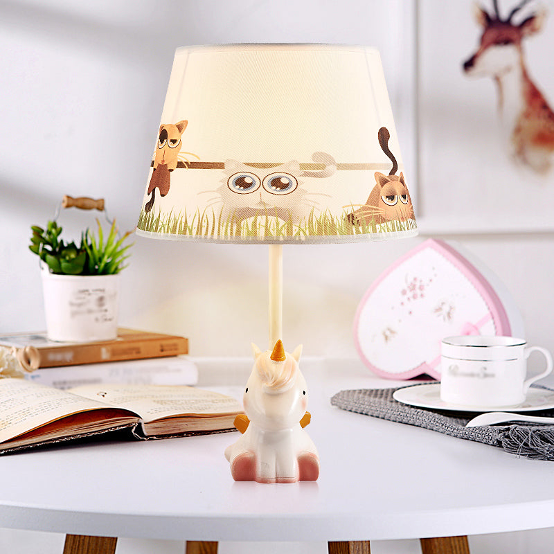 Fabric Cone Reading Lamp Cartoon 1 Light White/Pink/Blue Table Light with Rainbow Unicorn Base White Clearhalo 'Lamps' 'Table Lamps' Lighting' 1651556