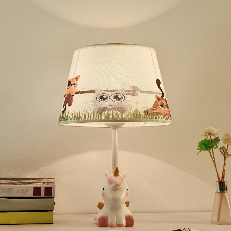 Fabric Cone Reading Lamp Cartoon 1 Light White/Pink/Blue Table Light with Rainbow Unicorn Base Clearhalo 'Lamps' 'Table Lamps' Lighting' 1651557