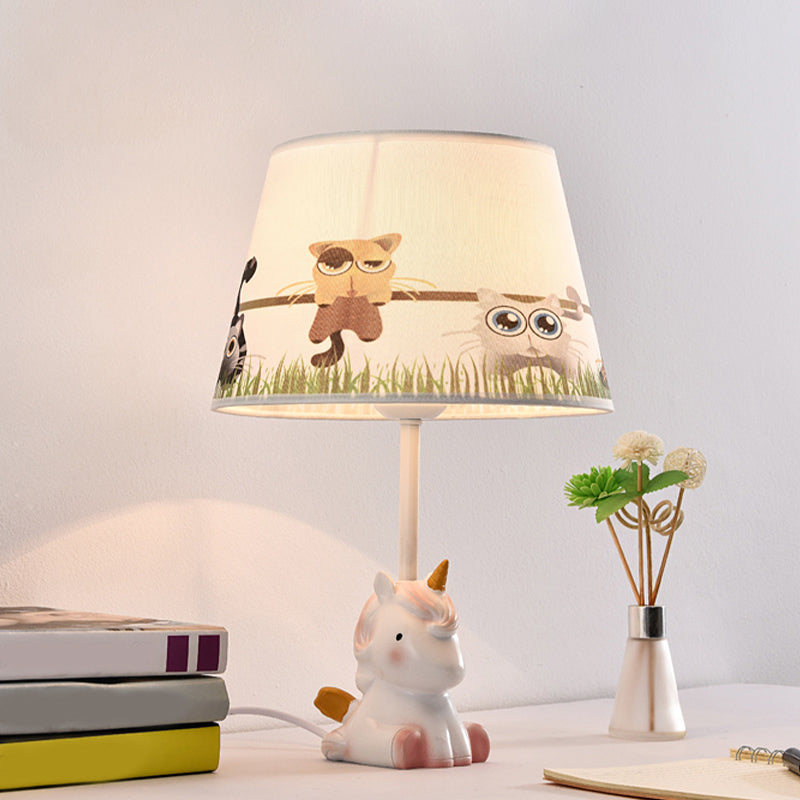 Fabric Cone Reading Lamp Cartoon 1 Light White/Pink/Blue Table Light with Rainbow Unicorn Base Clearhalo 'Lamps' 'Table Lamps' Lighting' 1651558