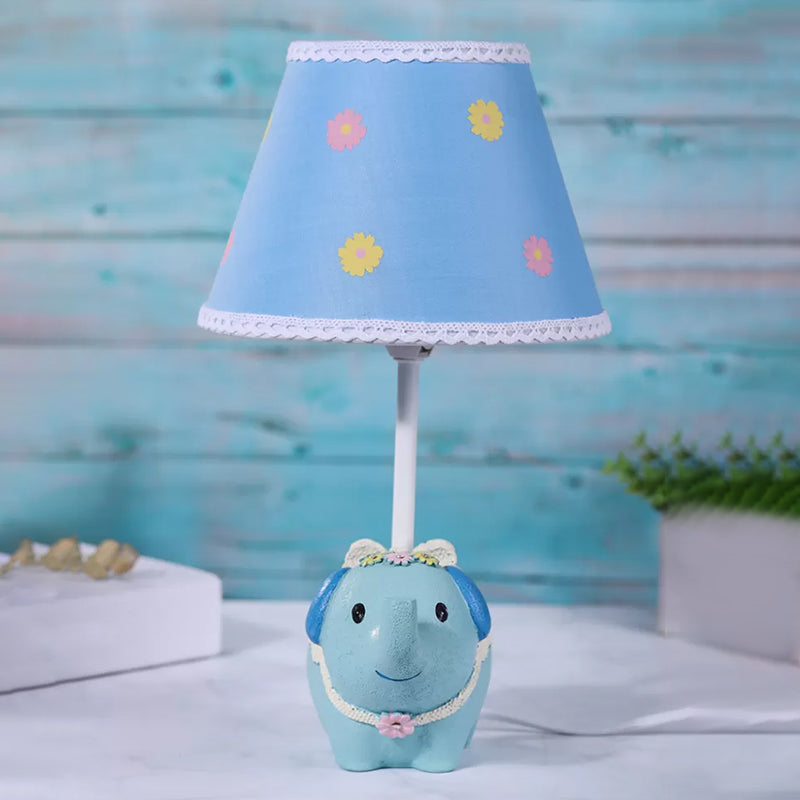 Cone Desk Light Kids Fabric 1 Head Blue Table Lamp with Flower Pattern and Elephant Base Blue Clearhalo 'Lamps' 'Table Lamps' Lighting' 1651561