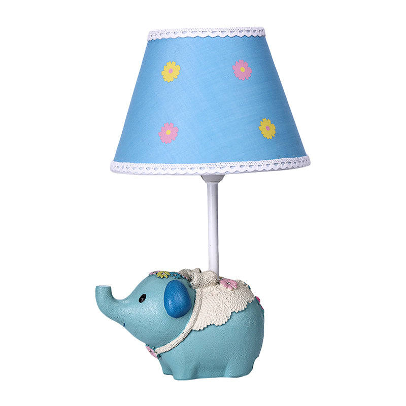 Cone Desk Light Kids Fabric 1 Head Blue Table Lamp with Flower Pattern and Elephant Base Clearhalo 'Lamps' 'Table Lamps' Lighting' 1651563