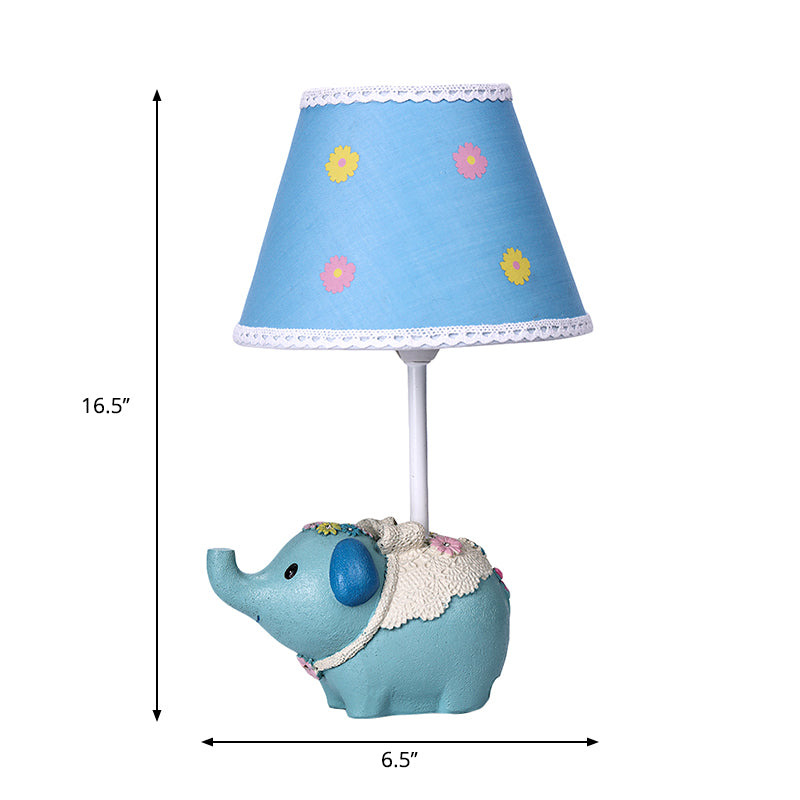 Cone Desk Light Kids Fabric 1 Head Blue Table Lamp with Flower Pattern and Elephant Base Clearhalo 'Lamps' 'Table Lamps' Lighting' 1651564