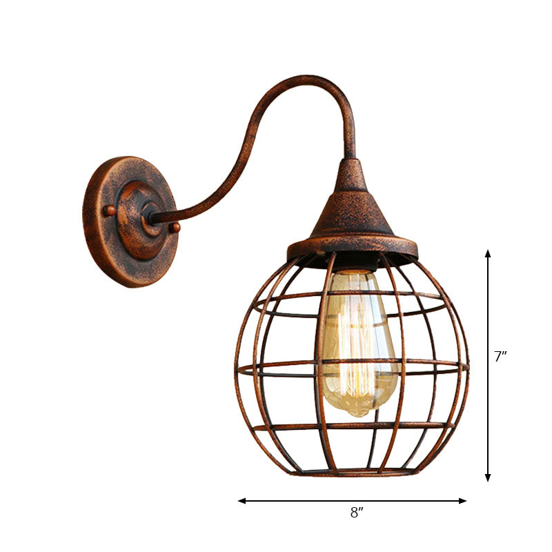 Rustic Style Ball Cage Wall Lighting with Gooseneck Arm 1 Bulb Iron Wall Sconce in Rust/Black Finish Clearhalo 'Art deco wall lights' 'Cast Iron' 'Glass' 'Industrial wall lights' 'Industrial' 'Middle century wall lights' 'Modern' 'Rustic wall lights' 'Tiffany' 'Traditional wall lights' 'Wall Lamps & Sconces' 'Wall Lights' Lighting' 165157